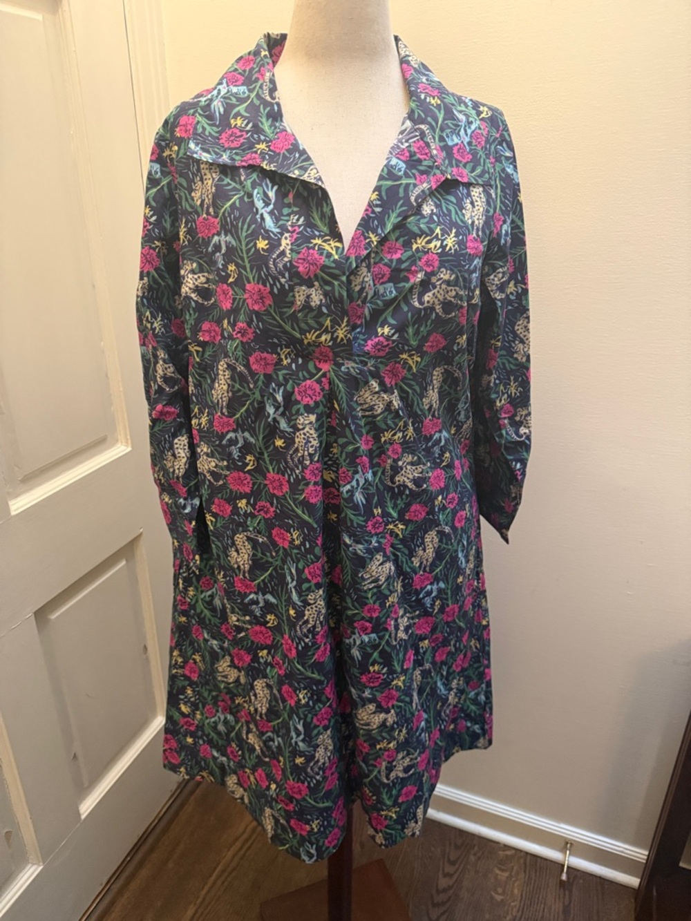 Navy Floral Button-Front Shirt Dress with Pink & Green Print